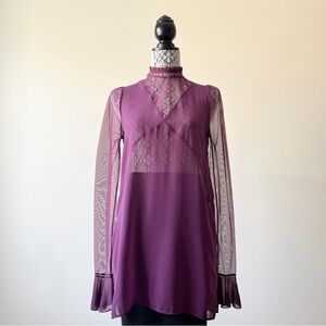 Zara Woman Chiffon Sheer Mock Neck Long Sleeve Tunic Blouse Size S